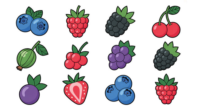 A set of 12 colorful cartoon-style illustrations of various berries arranged in a 3x4 grid against a white background.