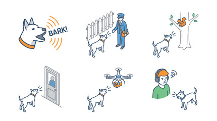 Fototapeta premium Isometric barking dog vector set illustrating a pet reacting to a postman, squirrel, drone, and strangers, great for animal behavior, security, and obedience training concepts.