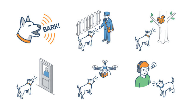 Isometric barking dog vector set illustrating a pet reacting to a postman, squirrel, drone, and strangers, great for animal behavior, security, and obedience training concepts.