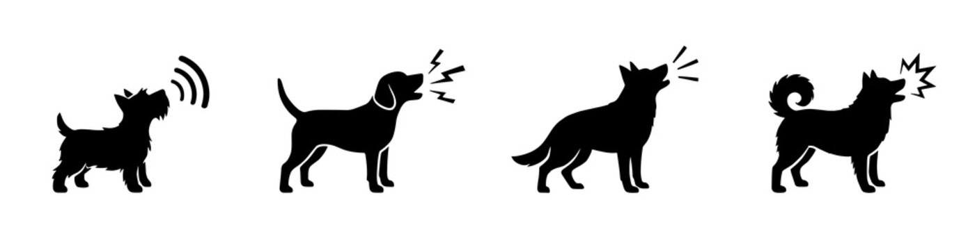 Set of black silhouette barking dog vector illustrations showing various breeds making loud noises with sound waves, ideal for pet communication and veterinary clinic designs.