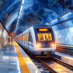 Fototapeta premium A futuristic subway train speeds through a modern station