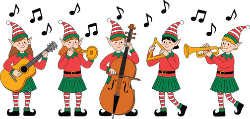 Naklejka premium Christmas Elf Musical Band Vector Set Featuring Cute Elves Playing Guitar Cello Trumpet And Flute For Holiday Celebration And Winter Party Designs