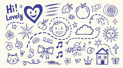 Obraz premium Set of cute handdrawn doodle elements, including hearts, stars, flowers, music notes, a sun, a house, and a smiling face