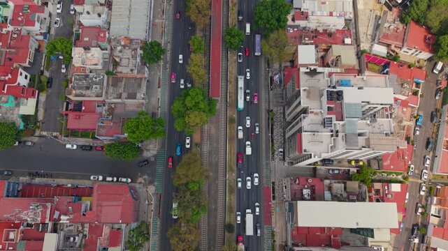 Drone top down shot of Calzada de Tlalpan traffic flow