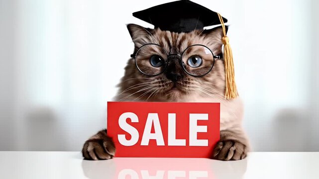 Smart Cat with Glasses and Graduation Cap Holding Sale Sign.