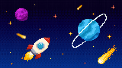 Space with planets, meteorites, spaceship pixel art, interstellar cosmic exploration vector 8 bit video game background © sabelskaya