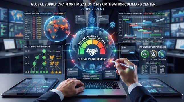 A business professional analyzing global supply chain data on a laptop in a command center
