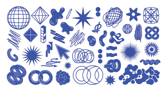 Set of y2k aesthetic vector elements, abstract geometric shapes, retro futuristic symbols, and doodle icons