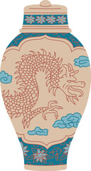 Naklejka premium Elegant traditional Asian vase, urn with lid, vector vintage oriental pottery with dragon in the sky and floral ornament