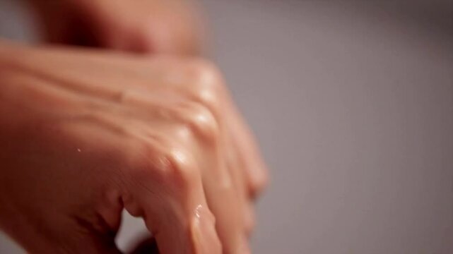 A close-up video of a woman's hand showcasing her bare ring finger and neatly manicured nails
