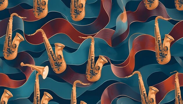 A vibrant illustration of saxophones on a wavy background of blue and red colors