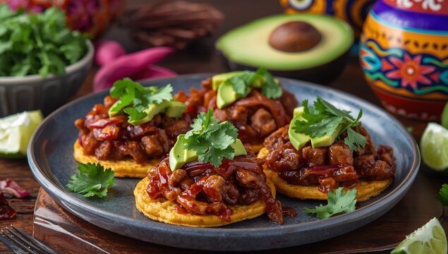 Beef tinga toast, a classic Mexican dish made with beef, chipotle chili, and onions, is typically served on fried corn tortillas.