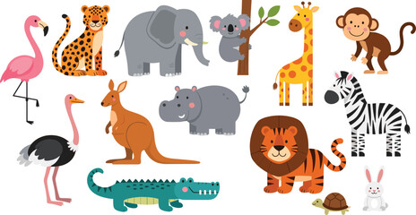 Cute cartoon zoo animals set including lion elephant giraffe zebra crocodile monkey flamingo kangaroo rabbit vector illustration collection for kids design © Mifta