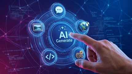 Naklejka premium Generate with AI button. Artificial intelligence and Machine learning technology concept. AI enters by command prompt to generate ideas. Hand about to press a Generate AI button. Vector ai