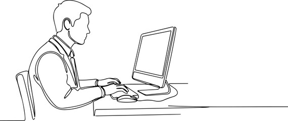 Fototapeta premium Continuous one line of an employee typing at desk with computer monitor, representing office work, efficiency, and daily operations, style hand drawn vector illustration.