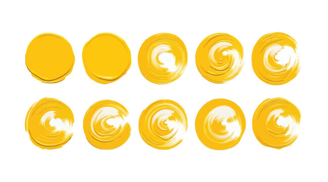 Set of yellow handpainted circular brush strokes