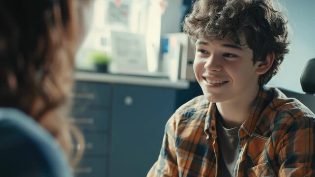 Young man smiles warmly in a bright office. Curly hair and plaid shirt stand out clearly. He looks engaged in a friendly conversation. Natural lighting enhances the pleasant mood