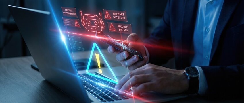 Ai security alert action office workspace digital content modern environment close-up viewpoint cybersecurity concept for enhanced protection and monitoring