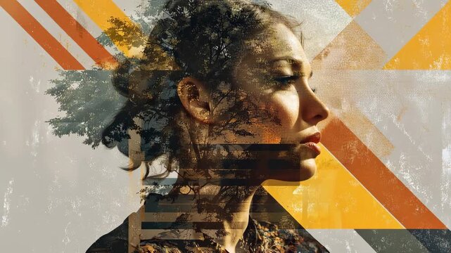 A double exposure of a calm thoughtful woman, overlayered with trees. A positive mental health concept of nature
