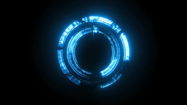 Digital blue glowing fragmented circle on black background