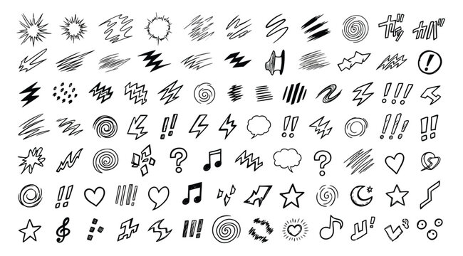 Set of hand drawn comic book sound effects and symbols