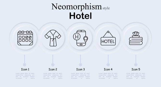 Hotel set icon. Neomorphism style interface with calendar booking schedule, bathrobe garment, smartwatch location hotel marker, hotel sign board, spa stones with flower. Soft round buttons