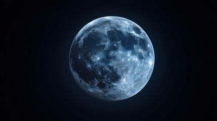 Fototapeta premium A huge blue white moon hangs in the deep night sky with craters and soft glow showing cosmic beauty.