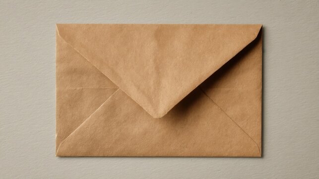 A brown kraft paper envelope lies flat on a light gray background with a triangular flap and natural texture.