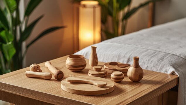 Wood therapy. Instruments for cellulite reduction, enhancing lymphatic flow and circulation. High-quality image.