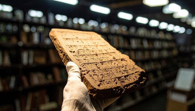 Ancient Babylonian clay tablet displaying intricate cuneiform script, held in a museum setting with blurred bookshelves.
