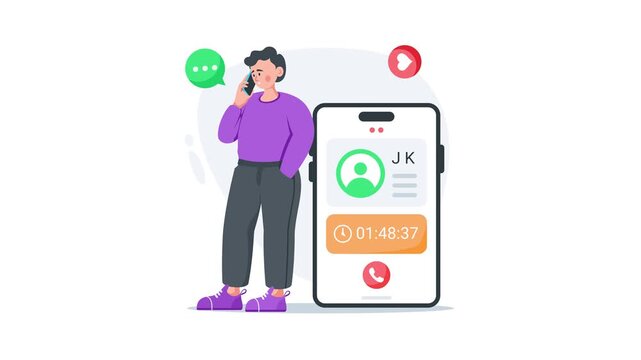 Male character spending long hours on smartphone call, flat animated illustration