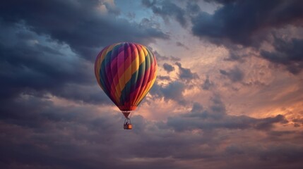 Obraz premium Vibrant hot air balloon floats in twilight sky with thick clouds and colorful sunset glow.