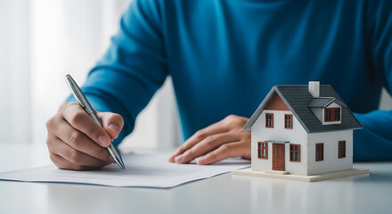 Fototapeta premium Close-up of a person signing a document next to a miniature house, symbolizing real estate transactions