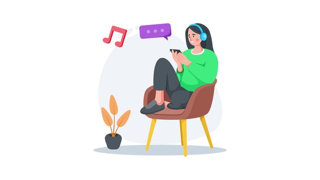 Flat animated illustration of a woman using mobile phone, mobile addiction vector