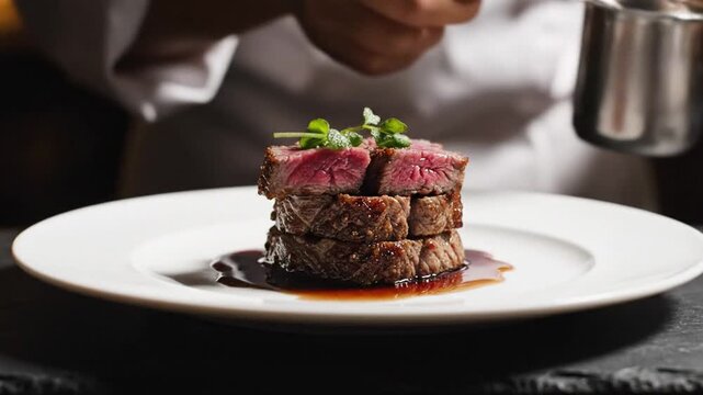 Chef plating gourmet beef fillet steak in fine dining restaurant