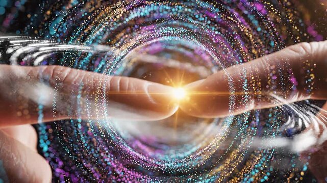 Hands channeling cosmic energy through a magnetic portal.