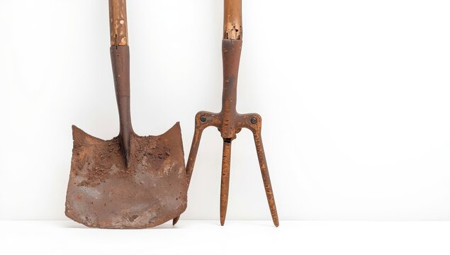 Two aged, corroded hoes set against a white backdrop. Classic farming implements for soil preparation and gardening, reflecting rural or vintage themes.