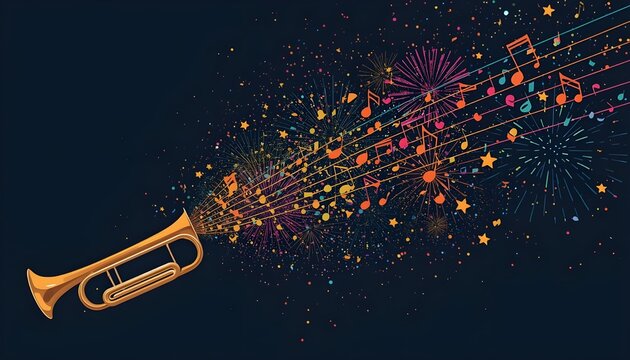 A vibrant illustration of a trumpet surrounded by colorful musical notes and fireworks on a dark background