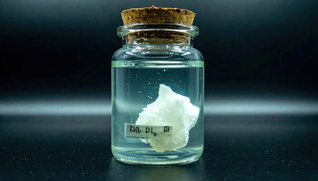 A faintly glowing chunk of white phosphorus substance submerged in clear liquid within a corked glass laboratory bottle, showcasing scientific material.