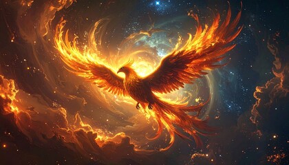 Fototapeta premium A radiant phoenix ascends amidst swirling cosmic clouds, wings glowing in fiery orange, red, and gold, blending into cool blues and purples, symbolizing rebirth, transformation, and celestial power.
