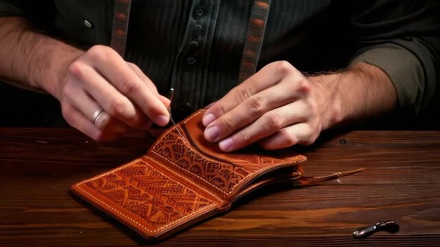 A craftsperson sews a leather wallet with intricate patterns, working at a wooden table