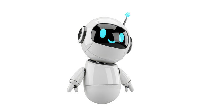 Cute robot with blue eyes and a smiling face on a white body with a small antenna on its head floating in midair  toy for kids transparent background