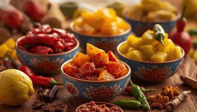 Homemade Indian pickles of chili, mango, and lemon, called Mirchi, Aam, and Nimbu ka achar, presented in ceramic bowls with selective focus.
