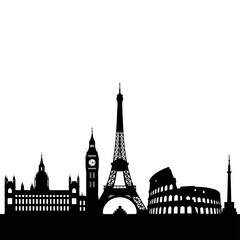 Fototapeta premium Iconic European Cityscapes Silhouette - London, Paris, Rome, and More.