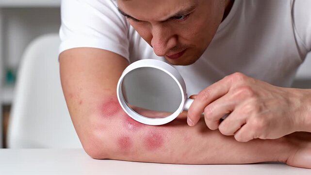 Man examines skin rash on arm with magnifying glass for medical analysis.