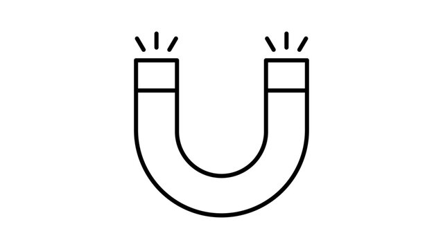Magnet Marketing Icon: A minimalist black line vector illustration on a white background representing a horseshoe magnet with magnetic field lines. Editable stroke for custom line weight.