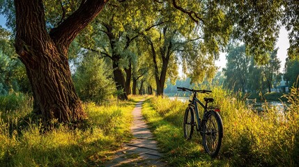 Fototapeta premium A bicycle path paved with green meadow trees on a warm summer day. Relaxation, freedom, children's adventures, healthy travel concept.