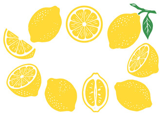 Block print style lemon fruit illustration, hand carved etched citrus ／ 版画風レモン © BN studio