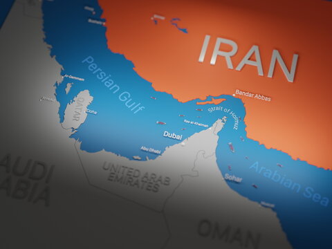 Strait of Hormuz, 3D map of the persian gulf with Iran highlighted.
