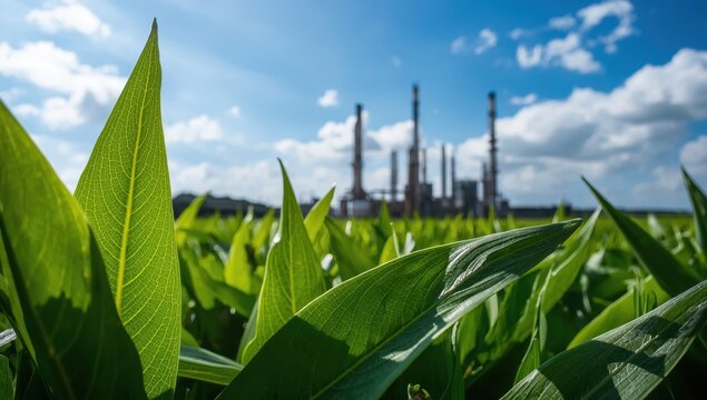 Foreground of green leaves, blurred oil refinery in background with blue sky and white clouds, eco-friendly industry idea.
